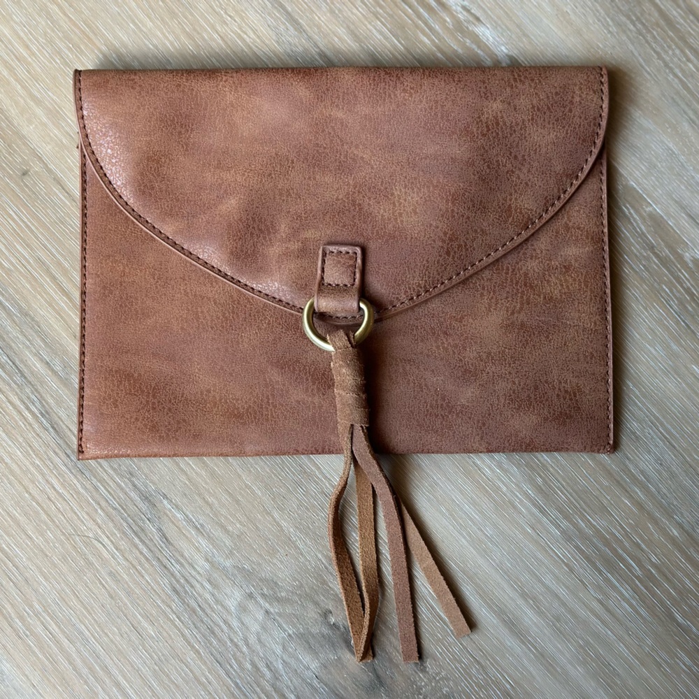 Anthropologie Faux Leather Envelope Tassel Clutch - Cognac Brown